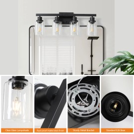 24" Modern Black 4-Light Bathroom Vanity Light Fixture, Industrial Wall Sconce with Clear Glass Shades for Mirror(No Bulbs)Lamp Power(W): 30, Lamp Sizes: Small, Product Size: 61.5x14.6x23cm