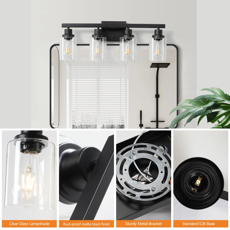 24" Modern Black 4-Light Bathroom Vanity Light Fixture, Industrial Wall