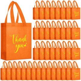 SilTriangle 50 Pcs Thank You Gift Bags with Handles Bulk Thank You Non Woven Bags Reusable Gift Handbags Bridesmaid Souvenir Goodie Handbags for Wedding Shopping (10 x 8 x 4 Inch,Orange)