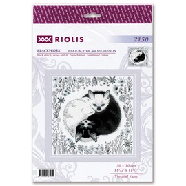 RIOLIS - Yin and Yang 2150, Cat Lovers Cat Blackwork Stitch Kits 11¾" x 11¾", Blackwork Stitch Kits for Beginners & Advanced, Blackwork Kits Adult, Counted Stitching Kits, Cat Embroidery Kit