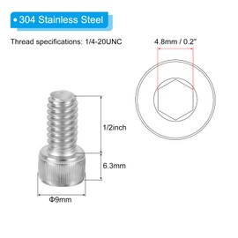 PATIKIL 1/4-20 x 1/2" Hex Socket Cap Head Screw Bolt, 20Pcs 304 Stainless Steel 18-8, Machine Full Thread for Construction, Manufacturing, Engineering, Assembling, Furniture