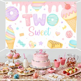 Donut Theme Two Sweet 2nd Birthday Backdrop Donut Themed Birthday Party Decoration Fun Ice Cream Dessert 2nd Birthday Photography Banner for Baby Girls Donuts Candy Two Year Bday Supplies 5 * 3ft