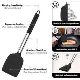 TeamFar Cooking Utensils, 14 PCS Silicone Kitchen Utensil Set with Stainless Steel Handle, Spatula/Spoon/Holder/Whisk, Non-Toxic & Non-Stick, Heavy Duty & Heat-Resistant, Dishwasher Safe, Black