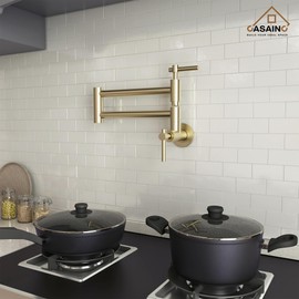 CASAINC Pot Filler Faucet Wall Mount, Commercial Brushed Gold Kitchen Faucet, Double Joint Swing Arm Folding Faucet, Brass Pot Filler Over Stove