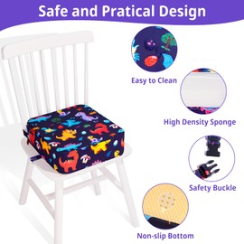 TOTIDYH Child Seat Raiser Chair, Portable Non-Slip Seat Cushion Children, Washable Seat Raiser Children's Chair with 2 Seat Belts, Dismountable Chair Raiser Child (Dinosaur Dark Blue)