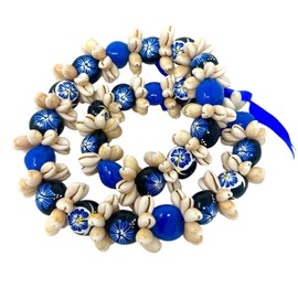 Utama Hawaiian Kukui Nut Lei with Cowrie Shell - Blue, 32 Inches, Adjustable, Unisex, All Ages, Coastal, Casual Events