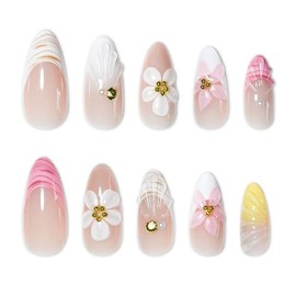Uñas postizas medianas almendradas nude con puntas francesas, diseño de flores 3D y colores pastel. 24 unidades.