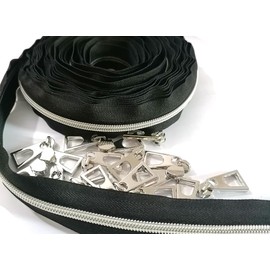 Black Zipper by The Yard for Sewing with 20pcs Silver Pulls 10 Yards Nylon Coil Long Tape for Purse and Bag (5 Tape Silver Teeth)
