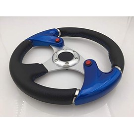 AJP Distributors Universal 6 Bolt Hole 320mm Black Pvc Leather Blue Stitching Silver Center Blue Steering Wheel Nos Nitrous Button + Blank Horn