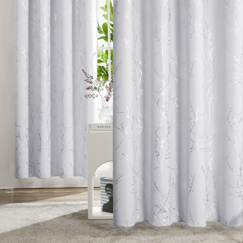 Deconovo Blackout Grommet Silver Pattern Printed Curtains, Greyish White/Silver Tree