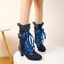 Blano Lofor Women Victorian Boots Chunky Heels Lace up Cute Bow Knot Cosplay Costumes Witch Medieval Renaissance Mid-Calf Goth Boots Vintage Gothic Character Dance Kawaii Lolita Shoes Blue Size 10