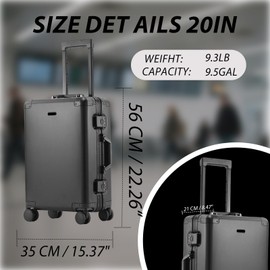 Tmore Aluminum Frame Luggage with No Need to Check in, Hardside Suitcase with Spinner Wheels, Metal Travel Luggage with Double Tsa Locks, 20 Inch, Black Small