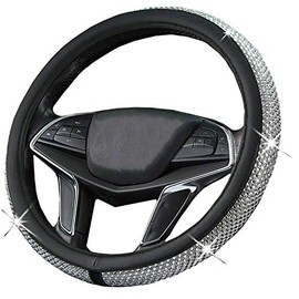 C.P.R. New Diamond PU Leather Steering Wheel Cover with Rhinestones Bling Bling Cover Universal Fit 14.5"-15.5" Wheel Protector (Silver Square)