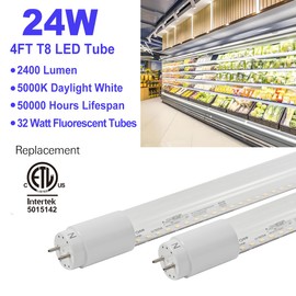MKUJOO 20 Pack 4FT LED T8 Type A+B Tube Lights, 24W, 5000K, Single or Double End Powered, Plug and Play or Ballast Bypass, 4 Foot T10 T12 Fluorescent Bulbs Replacement, Clear Cover (4ft, 20 Pack)
