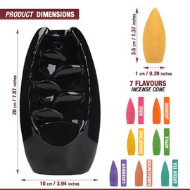 Anbar Backflow Incense Burner with 120 Cones, 30 Sticks, Tongs, and Table Mat, Natural Aromatherapy with Ceramic Smoke Waterfall, Supports Meditation and Relaxation, Home Decor (Black)