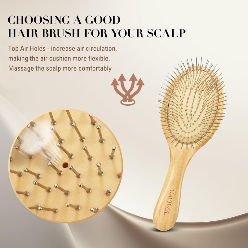 GAVIVOL Bamboo Hair Brush with Metal Bristles, Anti-Static & Detangling