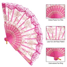 EOSAU Handheld Chinese Folding Fan Lace Hand Fans for Women Foldable Bulk for Party Wedding Church Dancing (Rose)