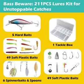 221pcs Bass Fishing Tackle Box With Tackle Included, Bigmouth&Smallmouth Bass Fishing Lure Kit, Freshwater&Saltwater Bass Fishing Gear, Bass Lures Gift For Men Fishing Lovers