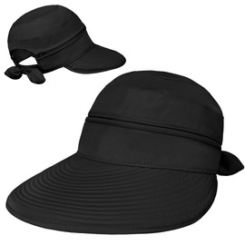 SUN CUBE Wide Brim Hats for Women, 2-IN-1 Women Sun Hat Visor, Long Brim Ponytail Cap for Golf Beach Pool, Ladies UV UPF 50+ Protection Hat for Walking Hiking Safari Traveling Fishing Gardening, Black