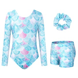 JiAmy Gymnastics Leotards for Girls, Long Sleeve Biketards Sparkly Dance Unitard with Shorts Athletic Bodysuit Outfit for Kids, Blue 6-7 years