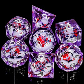 ORIFANTOU Plum Blossom DND Dice Purple Liquid Core Dice Set with Metal Box, Handmade Sharp Edge Dice D and D Polyhedral Dice for Dungeons and Dragons Role Playing Game, RPG D&D Dice Set