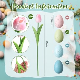 Dingion 28 Pcs Easter Table Centerpiece Spring Tray Decorations Includes 2 Rattan Bunnies, 16 Pastel Easter Eggs and 10 Pink Fake Tulip Florals for Tables Spring Indoor Home Decor