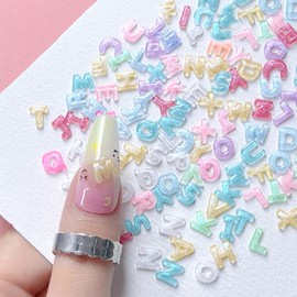300Pcs Letter Nail Art Charms Random Candy Color Letter Resin Nail Rhinestones Kawaii Mini Flatback Alphabet Nail Gems with Aurora Glitter Design Nail Art Accessories for DIY Craft Nail Supplies