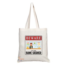 Coralgraph Inc TB1000 Beware of the Bank Cashier Novelty Present Gift Printed Eco-Friendly Stylish Long Handled Tote Shoulder Bag