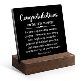 Juoqg Congratulations on The New Chapter Acrylic Sign with Wooden Stand, First Day of New Job Gifts for Coworker Bestie, Congrats Promotion Gifts for Men Women, Graduation Farewell Desk Sign Décor