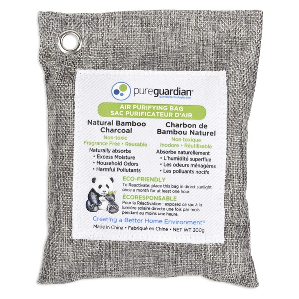 PureGuardian Guardian Technologies CB200 Bamboo Charcoal Air Purifying Bag, Eco-Friendly, Naturally Absorbs Odors, Excess Moisture and Pollutants, 200g, Gray