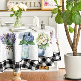 Horaldaily Spring Summer Tablecloth 70x70 Inch Round, Easter Watercolor Tulip Lavender Hydrangea Vase Blooming Floral Table Cover for Party Picnic Dinner Decor