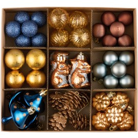 DecorbyHannah Fall Ornaments Decorations for Home,45ct Thanksgiving Autumn Pinecone Tree Ornaments,Mini Shatterproof Blue Gold Hanging Squirrels Ornaments for Tree for Farmhouse Harvest Woodland Decor