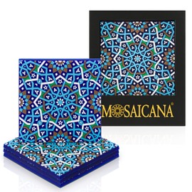 Set of 4 Silicone Coasters - Protect Against Water Marks or Damage - Fits All Cups, 3.5" Size, Blue Morocco