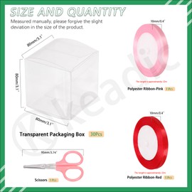 Keadic 33Pcs Clear Square Favor Boxes with Gift Ribbons, Scissors, Small Transparent Cube Plastic Packaging Treat Box for Macaron Candy Cupcake Wedding Party (Clear, (3x 3 inches)