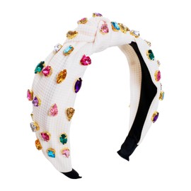 Avxdbr Rhinestone Knotted Headband Jeweled Knotted Headbands Crystal Beaded Wide Top Knot for Women Hair Accessories Fashion Gift (Beige)