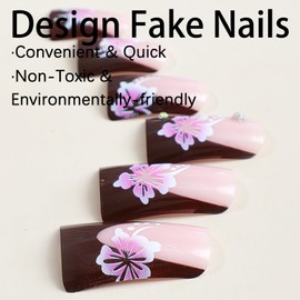 Brown French Tips Press on Nails Duck Shaped 24Pcs Glossy Full Cover Acrylic Short Rhinestone False Nails with Flower Designs Artificial Fake Nails with Charm Glue Stick on Fingernails for Women