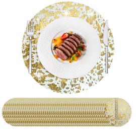 Hysenm 50 Pcs Disposable Gold Placemats Set Metallic 13 Inch Round Foil Mesh Pressed Table Doilies, Ultra-Thin Disposable Placement Mats for Home Decoration Dining Table Wedding Birthday Party