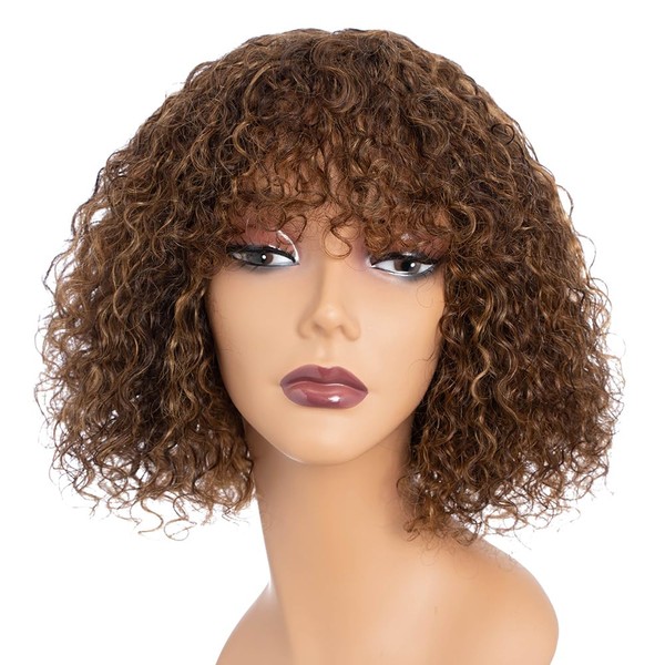 Rebecca Fashion Highlight Brown Blonde Curly Bob Wigs with Bangs
