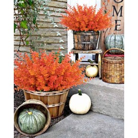 Coferset 8 Bundles Fall Eucalyptus Faux Plants for Outdoor, Artificial Eucalyptus Stems, UV Resistant Faux Fake Leaves for Porch, Garden, Patio, Window Box,Thanksgiving & Harvest Decorations(Orange)