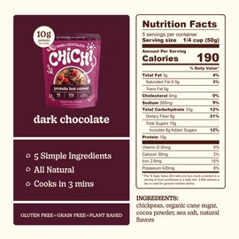 ChiChi – Protein Hot Cereal | Dark Chocolate (8.8 oz x 4 pouches, 20 servings) —Made with Chickpeas, Protein-Packed (11g), High Fiber, Made with Simple Ingredients, Gluten Free, Grain Free, Vegan