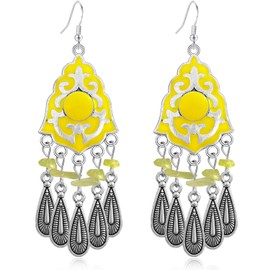 Ricarmo Bohemian Dainty Crystal Teardrop Vintage Sliver Fringe Lightweight Dangle Drop Earrings Ethnic Enamel Flower Tassel Hook Earrings For Women Jewelry Gifts (Yellow)