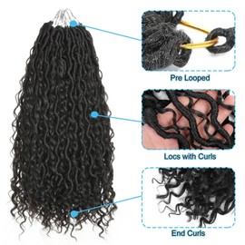 Saisifen 96 Strands Boho Goddess Locs Crochet Hair for Black Women Soft Faux Locs with Curly Ends, Pre-Looped Crochet Braids 1b Black 14Inch(35cm)