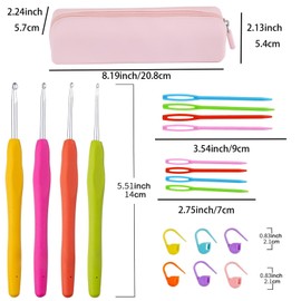 Runivor Ergonomic Crochet Hooks, 9 Sizes Crochet Hook Set, 2mm-6mm Multicolored Knitting Needles for Crocheting, with 20 Mix Color Crochet Stitch Markers, 8 Assorted Yarn Needle and Pink Silicone Case
