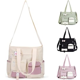 Crossbody Cute Bag for Teens Kawaii Messenger Purse Nylon Shoulder Bags - Color: Beige