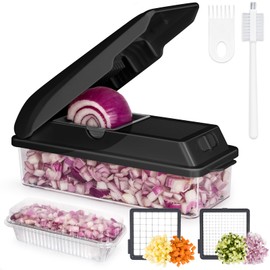 X Home Vegetable Chopper, Includes 3 Aluminum Foil Pans for Food Storage, Veggie Chopper for Cucumber, Carrots, Onion, Potatoes, Chopper Vegetable Cutter with Container, 2 in1, Easy Cleaning, Black