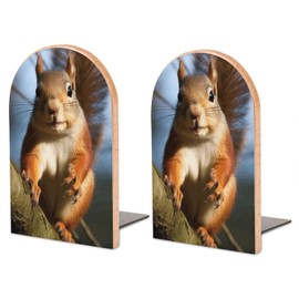Beech Wood Bookends for Shelves, Squirrel Funny Animal Print Space-Saving Modern Design with Iron Base, Ideal for Office, Home, and Library