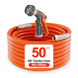 50 ft Garden Hose 50ft Water Hose Heavy Duty 5/8 in. Flexible & Lightweight | 600 Burst PSI | 8 Function Nozzle | 3/4" Brass Fittings | Kink-less Hybrid Rubber Hose for Garden Yard Outdoor Watering