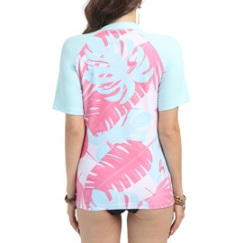 SURFEASY UV Shirt Women's Short-Sleeved UPF 50+ Swimming Shirt Quick-Drying Crew Neck Swimming Shirt S-XXXL, Leaves/Light Blue, 3 XL