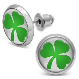Soul-Cats 1 pair of stud earrings with green clover leaf lucky clover made of metal, Acrylic Metal, No Gemstone