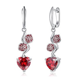 CiNily Heart-Cut Dangle Drop Earrings for Women 14K White Gold Plated Red Cubic Zircon Drop Earrings Rose Flower Simulated Diamond Dangle Earrings Jewelry Gift